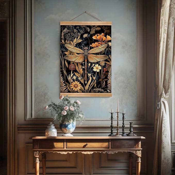 William Morris-Inspired Wall Art Poster, Vintage Dragonfly Hanging Wall Painting Buck Art, Mid-Century & Dark Academia Decor, Gothic Canvas Poster for Bedroom or Living Room 12x16inch(Dragonfly)