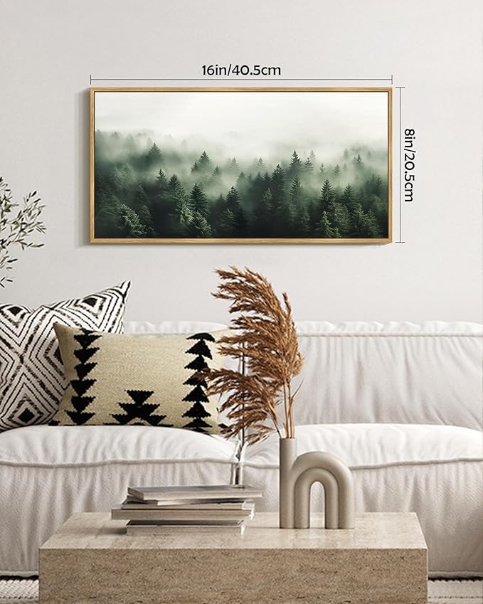 SHENIFY Green Fog Pine Tree Forest Vintage Framed Wall Art Modern Landscape Scenery Farmhouse Artwork Prints Decor for Kitchen Bedroom Living Room Bathroom - 8x16in Natural Framed
