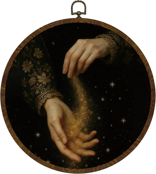 KLYTINK We Are All Stardust Home Decor,Romantic Academia Round Wall Art,Goddess Hands Canvas Print with Star Dust, Gothic Dark Vintage Hanging Decor for Bedroom or Study 10''x10''(Golden sand)