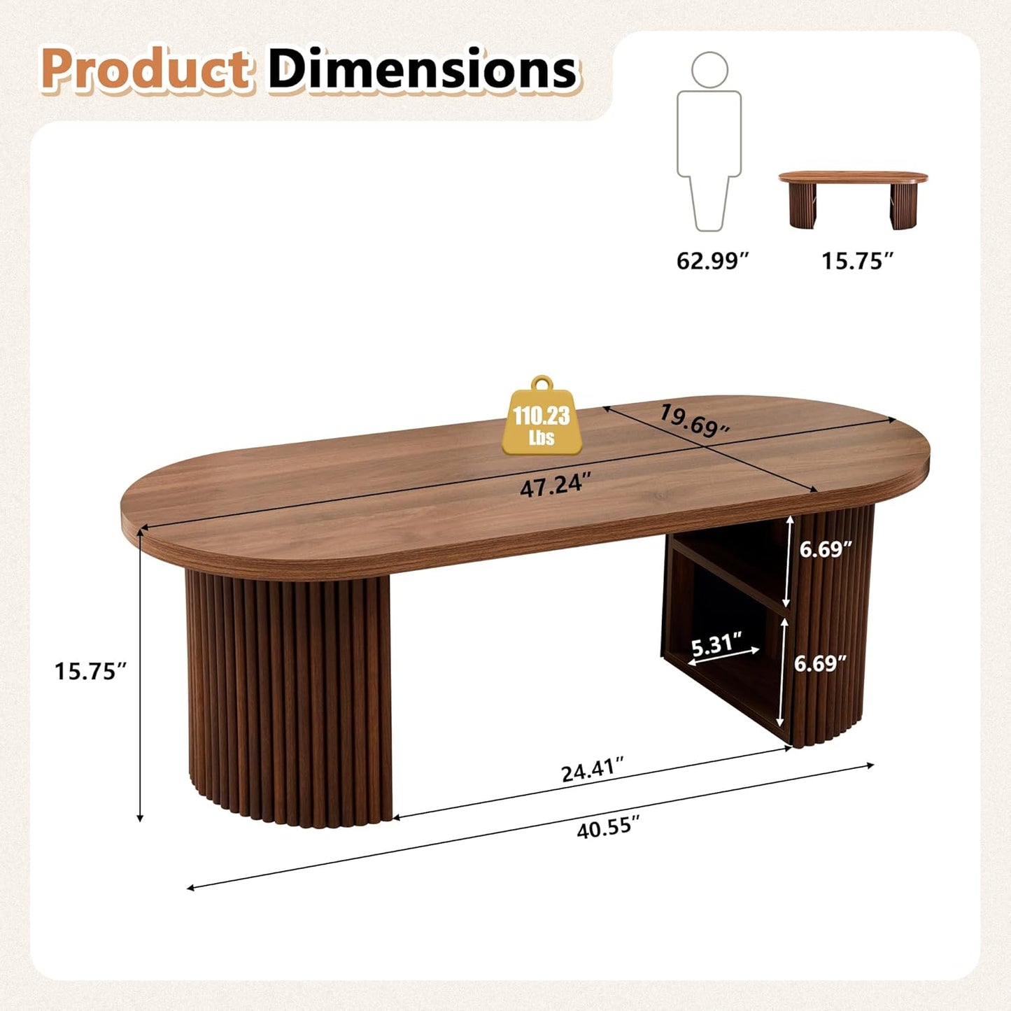 Oval Fluted Coffee Table, 47" Farmhouse Wood Coffee Table Mid Century Modern Center Table Boho Living Room Tables for Living Room Office,Walnut