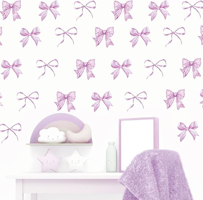 Whaline 12 Sheets Light Purple Bow Wall Stickers Watercolor Bowknot Wall Decals Room Mural Stickers for Coquette Birthday Party Home Nursery Decor, 7.9 x 11.8 Inch