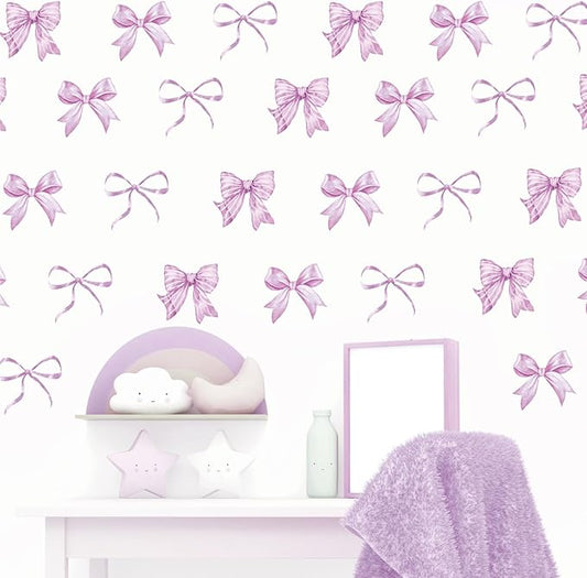 Whaline 12 Sheets Light Purple Bow Wall Stickers Watercolor Bowknot Wall Decals Room Mural Stickers for Coquette Birthday Party Home Nursery Decor, 7.9 x 11.8 Inch
