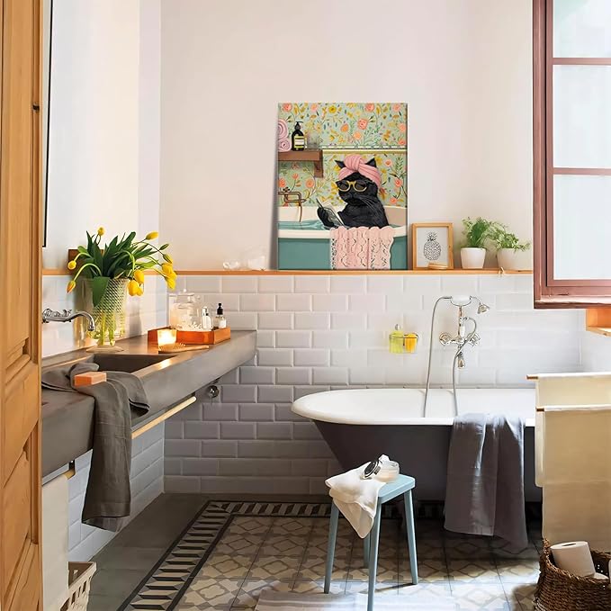 Yaneiro Funny Black Cat Bathroom Canvas Bathroom Wall Art Framed Cute Cat Prints Pictures Posters Wall Decor for Living Room Bedroom Toilet Kids Room Wall Paintings 16x24 in