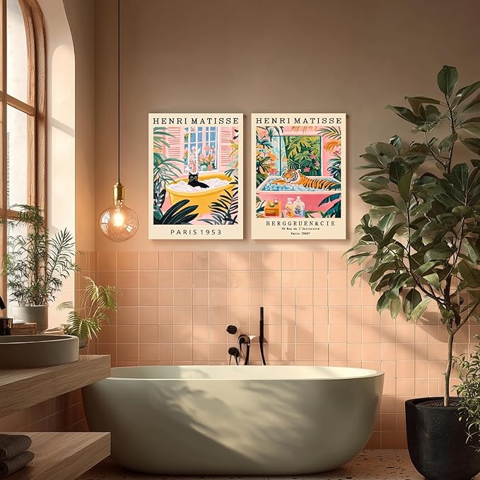 IAFWZX Framed Funny Bathroom Wall Art, Humorous Tiger In Bathtub Wall Decor, Henri Matisse Whimsical Animal Canvas Painting, Colorful Tropical Botanical Artwork for Living Room Bedroom 12"x16"