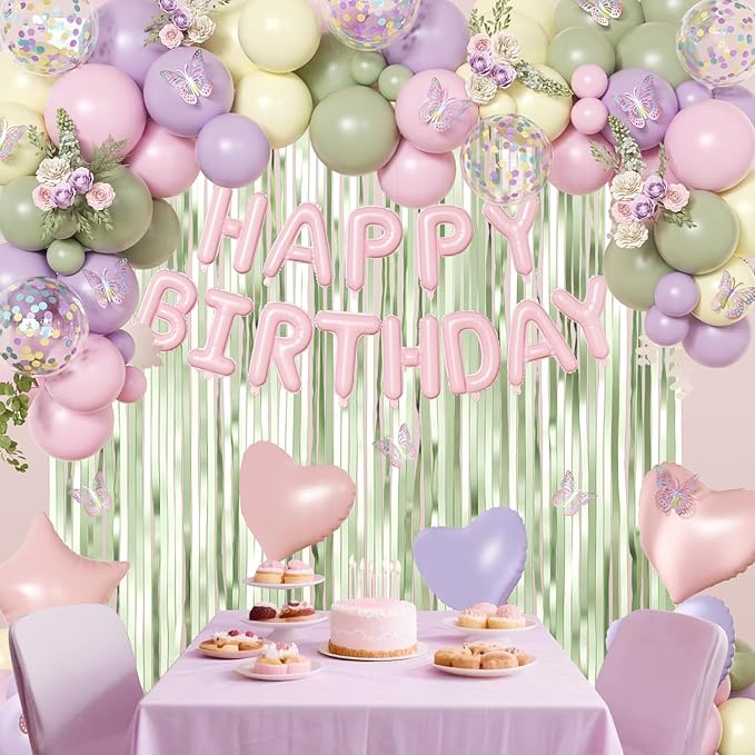 Wildflower Birthday Decorations, Sage Green Pastel Pink Purple Yellow Foil Confetti Balloons Happy birthday Banner Multicolor Butterfly Fringe Curtains Birthday Decorations for Baby Women Girls Teens
