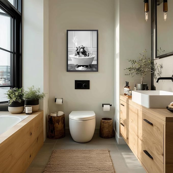 IAFWZX Wood Framed Funny Bathroom Wall Art, Black and White Chimpanzee in Bathtub Wall Decor, Cute Animal Wrapped Canvas Painting, Humor Gorilla Toilet Poster Print for Restroom Guest Bedroom 12"x16"