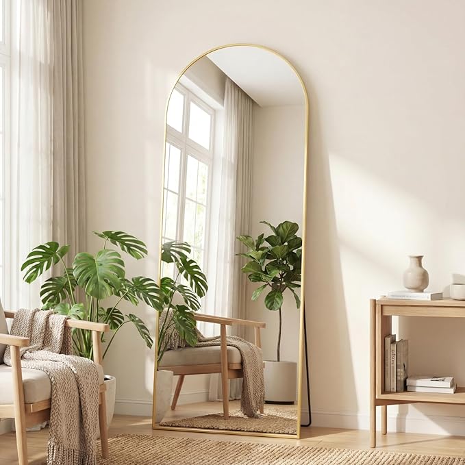DUMOS Arched Full Length Mirror with Stand Floor Free Standing Aluminum Frame for Bedroom Body Hanging Leaning Modern Simple Home Decor Shatter-proorf Nano Glass Wall Gold 65"x24"