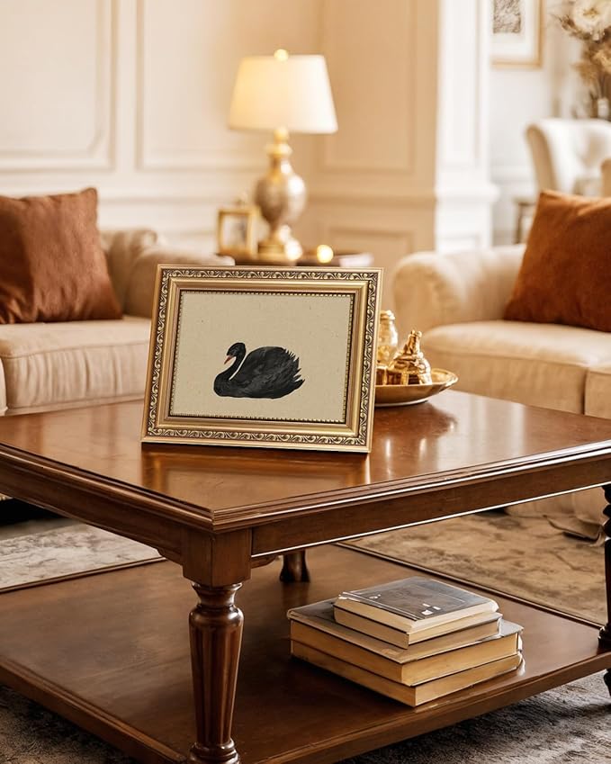 VIYYIEA Gold Framed Black Swan Vintage Canvas Wall Art, Elegant Wildlife Decor for Living Room or Office | Lightweight No Glass Design, Zero-Glare Textured Finish | 8x10 Inch