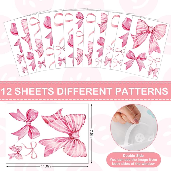 Whaline 12 Sheets Trendy Pink Bow Wall Stickers Light Pink Bow Knot Wall Decals Watercolor Room Mural Stickers for Girls Party Valentine's Day Home Bedroom Nursery, 7.9 x 11.8 Inch