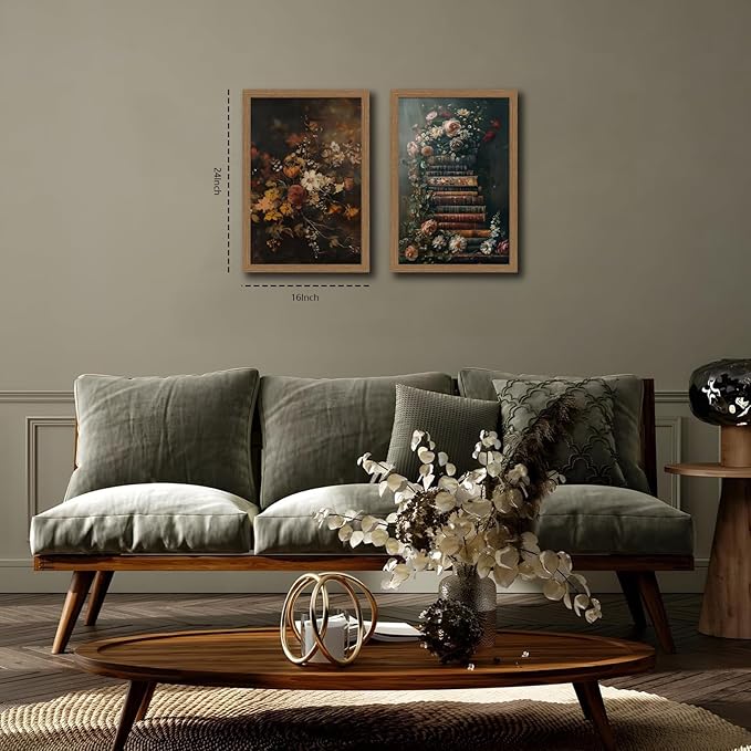 2Pcs Framed Vintage Dark floral wall art Moody Flowers Books elegant stacks of books and blooming flowers canvas paintings home decor art suitable for living room, bedroom and office16X24In