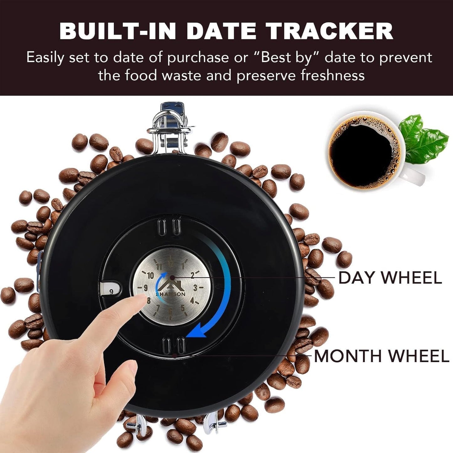 ShanSon Coffee Canister Airtight Coffee Container Stainless Steel Coffee Bean Storage Container with Scoop Coffee Canister for Beans Grounds Sugar Flour Tea Cereal,16OZ, Black