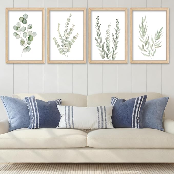 YWJKWLGS Botanical Watercolor Prints Sign Sage Green Eucalyptus Wall Decor 11x16 Inch Set of 4 Minimalist Wood Framed for Bathroom Laundry Room Office Wall Hanging Art (Wood)