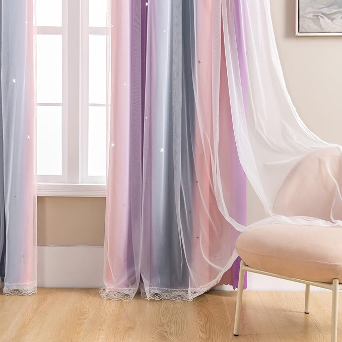 XiDi Curtains for Bedroom Decor, Rainbow GreyPinkPu-34-90