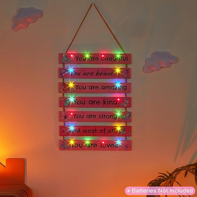 FIOBEE Girls Room Décor for Teen Girls Boys with LED Light Wall Decor for Bedroom Motivational Inspirational Wall Art Girl Room Decoration for Kids Studyroom, 8 Kinds of Lights, Pink Butterfly