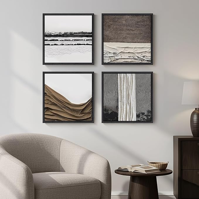 Framed Abstract Neutral Wall Art Set, 4 Piece Black White Gray Minimalist Square Canvas Prints with Brown Accents, Modern Wall Art for Living Room Bedroom Entryway Office Decor, 12x12 Inch