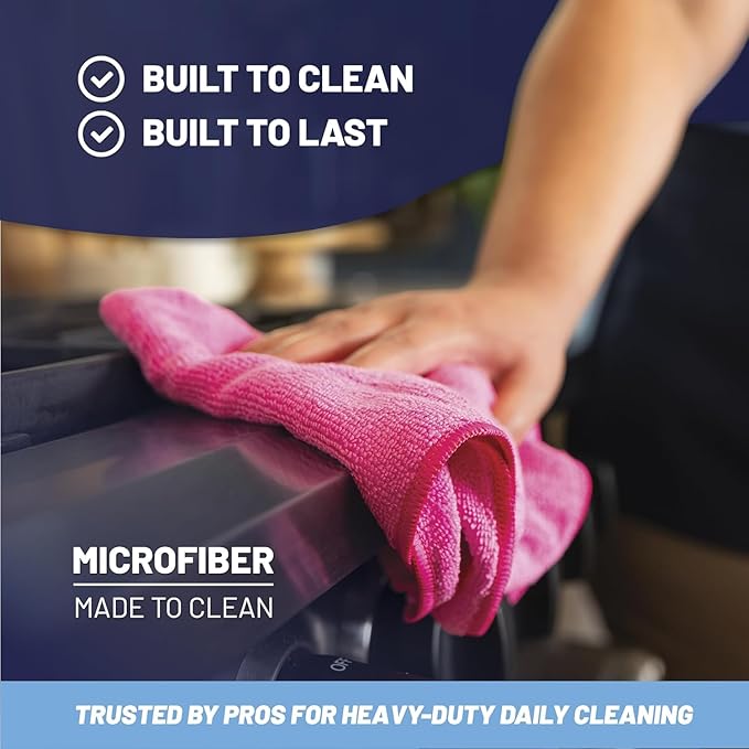 MW PRO Microfiber Cleaning Cloths Pink (12 Pack, 12x12) - Commercial Janitorial Towels & Lint Free Rags - Heavy Duty for Auto Detailing, Glass Windows, Housekeeping & Screens - Washable 300+ Times