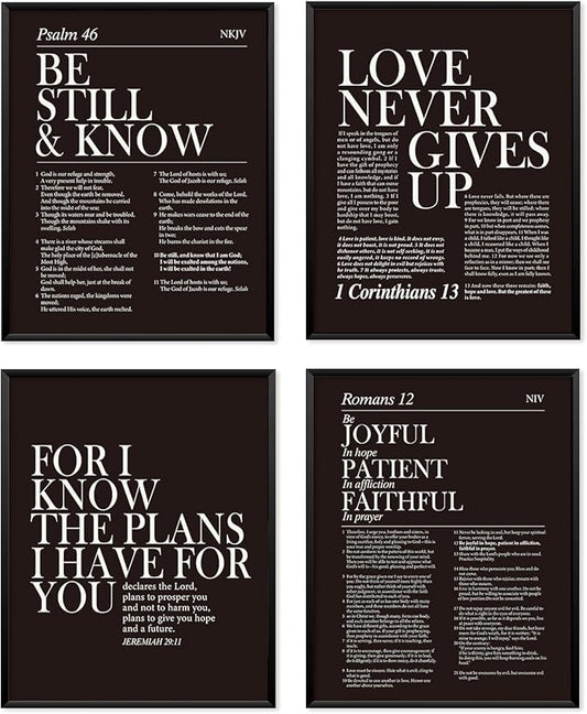 Locomiss Black and White Christian Wall Art Decor, Modern Black Minimalist Jesus Scripture Wall Decor, Inspirational Bible Verse Posters for Bedroom Office Living Room, Set of 4 (8x10 Unframed)