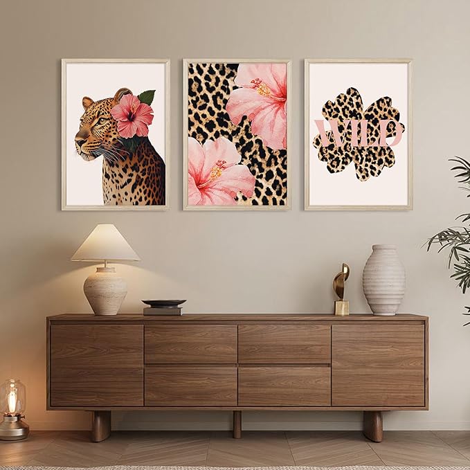 Trendy Leopard Wall Art Pink Cheetah Print Room Decor Leopard Flower Canvas Wall Decor Cheetah Aesthetic Poster Girly Pink Preppy Picture Funky Y2k Artwork for Girl Bedroom 12x16x3 Inch Wood Framed