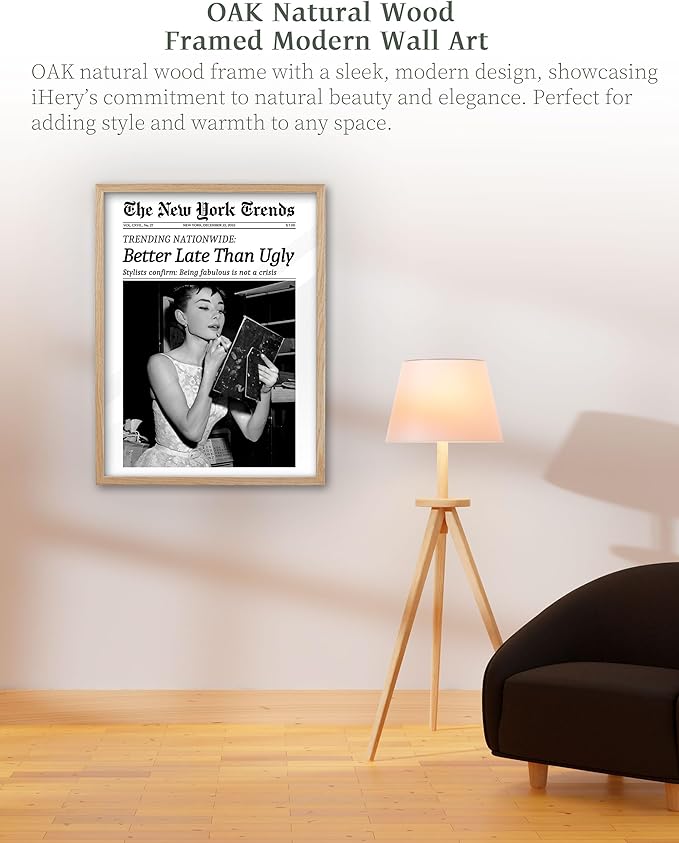 iHery Natural OAK Wood Audrey Hepburn Trendy Framed Wall Art, Better Late Than Ugly 12x16in Vintage Canvas Wall Decor, Retro Black and White Bathroom Artwork, Bedroom Apartment Girly Room 1Pack