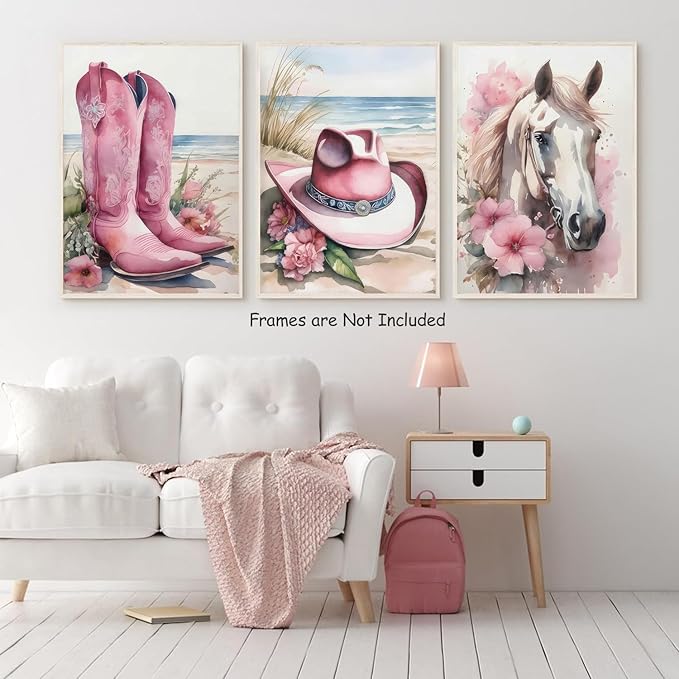 Djmwtb Coastal Cowgirl Canvas Wall Art Western Girl Room Decor Set of 3 Pink Flower Boots Hat Horse Pictures Trendy Preppy Posters Prints Watercolor Painting for Dorm Bedroom 12x16in Unframed