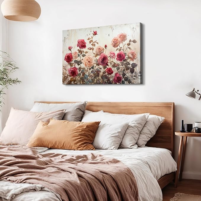 Pink Rose Wall Art for Living Room Decor Vintage Roses Flowers Wall Decor Retro Floral Canvas Prints Pictures Rustic Farmhouse Flower Paintings Artwork for Bedroom Bathroom Home Decorations 32x48"