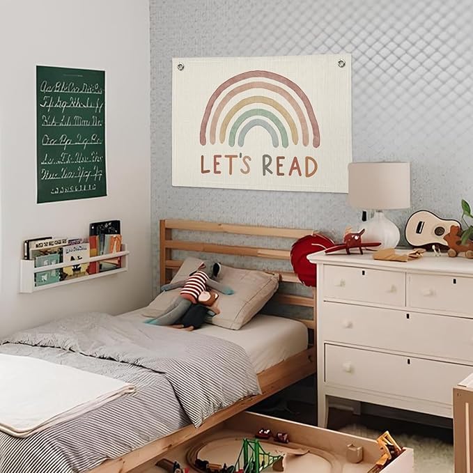 Read Linen Banner - Boho Classroom Decor, Reading Room Wall Hanging, Rainbow Canvas Flag for Homeschool, Elementary & Middle School Decorations, 20x30 Inch