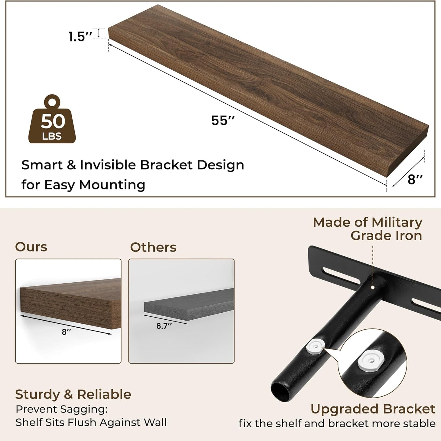 RICHFOCUS 55Inch Floating Shelves for Wall 2 Pack Shelves for Bedroom|Kitchen|Bathroom Wall Mounted Rustic Wood Floating Shelf with Invisible Brackets for Books|Storage|Decor, Walnut