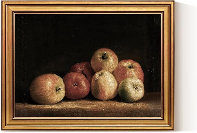 ARPEOTCY Gold Framed Canvas Art Prints,12x16inch, Retro Apple Fruit Art Painting, Classical Still Life Decor for Kitchen Dining Room Shelf, Rustic Vintage Dark Farmhouse Pictures