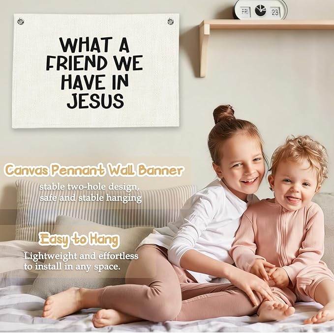 RTXLEZM Kids Room Decor- What a Friend We Have in Jesus Christian Canvas Banner Wall Hanging, Minimalist Bible Verse Wall Art Prints for Classroom, Nursery, Kids Room，20x30 Inch