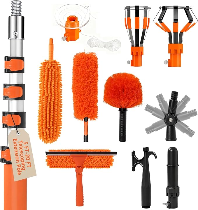 26FT Light Bulb Changer for High Ceilings with 5-20FT Heavy Duty Extension Pole,High Ceiling Fan Duster Extendable Reusable Cobweb,Feather,Window Cleaning Squeegee Kit for Home & House,Interior Roof