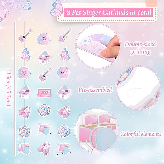 8 Pcs Music Party Decorations Popular Singer Birthday Hanging Garlands Banner Iridescent Holographic Disco Guitar Piano Butterfly Paper Cutouts Streamer for Girls Music Lover Supplies