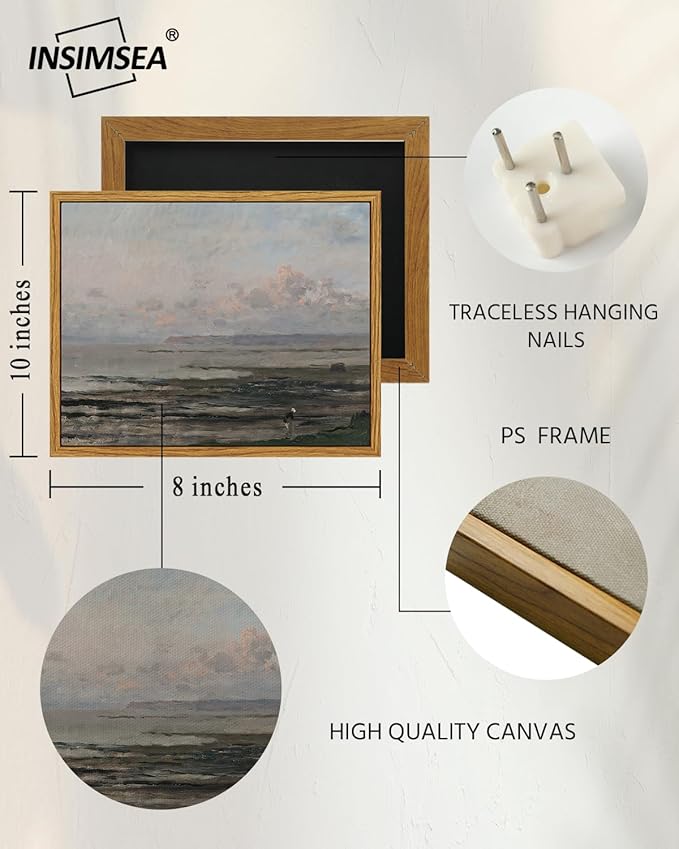 InSimSea Framed Canvas Print Art, Vintage Impressionist Coastal Landscape Painting, Rustic Farmhouse Cottage Decor for Hallway Wall Floating Shelf Desk Vanity Fireplace, 10x8in, Soft Blue Tones