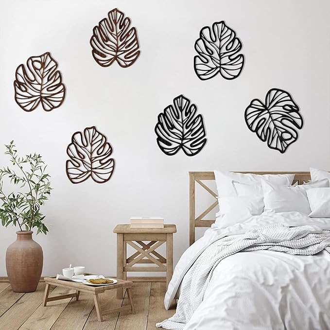 Palm Leaves Wood Wall Decor , 3Pcs Tropical Wall Art Jungle Decor, Wooden Natural Leaves Plant Wall Decor, Vintage Tropical Plant Plaque for Home Living Room Kitchen Bedroom Bathroom & Garden, Brown