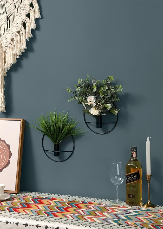 Pretty Jolly Wall Decor Metal Vase Decoration Holder, Mounted Artificial Flowers, Black Fake Wheat 2 Pack, Art Greenery, Farmhouse, Boho
