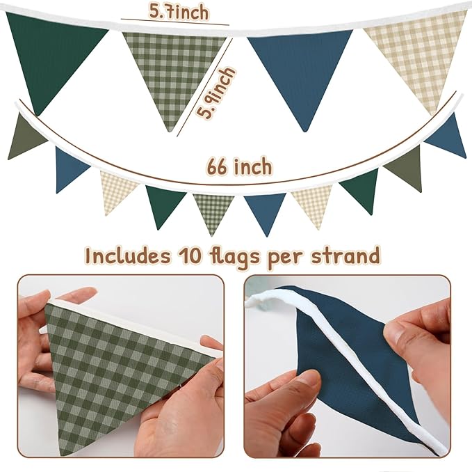 Lacama Boys Toddler Room Playroom Nursery Decor,Garland Triangle Banners Blue Grey, Vintage Warm Neutral Plaid Design Pennant Banner Bunting Flags Fabric for Baby Shower Birthday Party Decorations