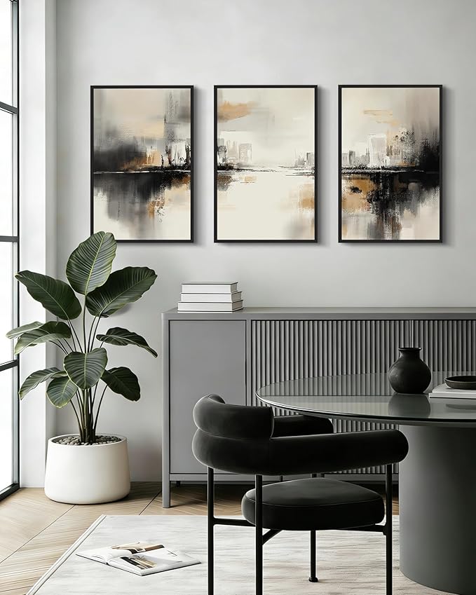 Drsoum Vintage Black Gray Abstract Wall Art Framed Brown Tan Neutral Prints Minimalist Modern Rustic Artwork Bedroom Living Room Ready to Hang 16x24in Black Framed