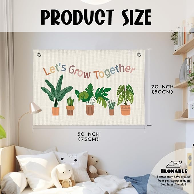 Plant Classroom Decor, Back to School Decorations, Positive Affirmations Green Wall Decor Canvas Banner, Lets Grow Together Nature Education Wall Art