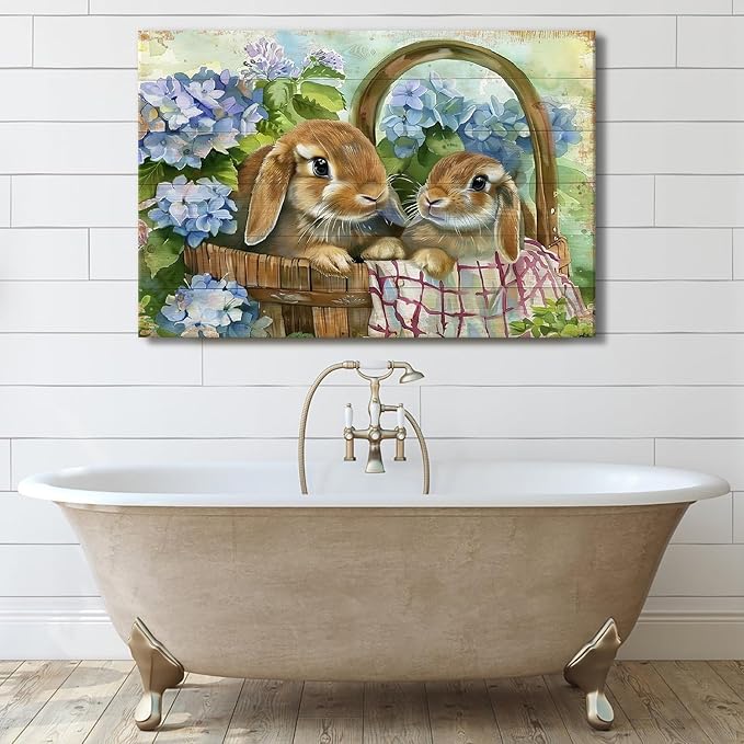 Rabbits Wall Art Easter Wall Decor Blue Flower in Basket Picture Canvas Prints Funny Bunny Poster Vintage Animals Painting Farmhouse Rustic Artwork Kitchen Bedroom Living Room Home Decoration 32x48"