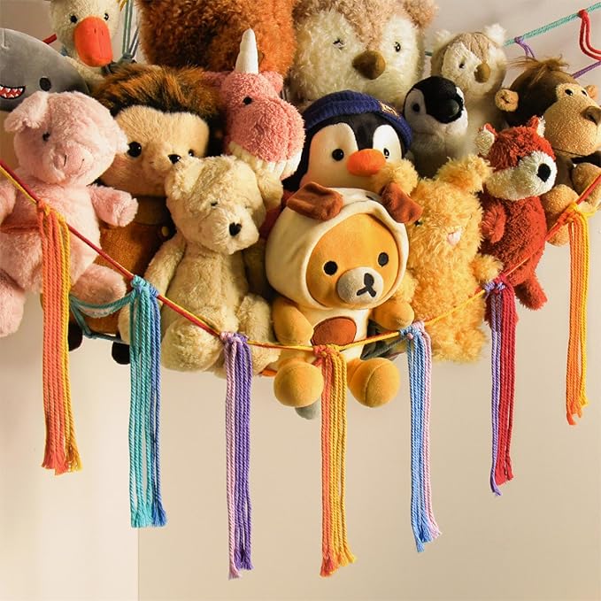Stuffed Animal Hammock Corner Storage Net Cute Preppy Trendy Stuff Gifts for Teen Girls Baby Room Wall Nursery Decor Rainbow Color Colorful Unicorn Hanging Organizers XL Large