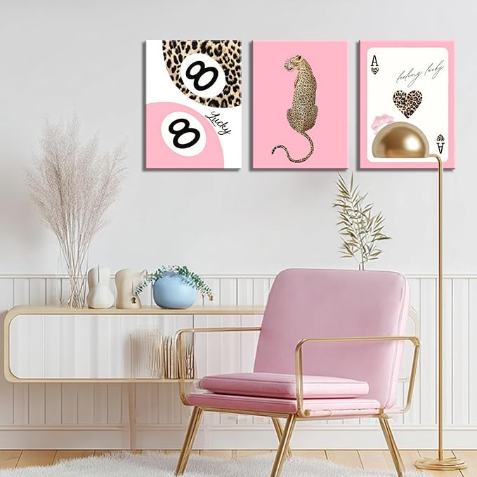 Set of 3 Trendy Pink Leopard Canvas Wall Art Cheetah Lucky 8 Ball Posters Prints Preppy Cheetah Aesthetic Wall Decor Pictures for Girly Bedroom Apartment Dorm Decoration 12x16in