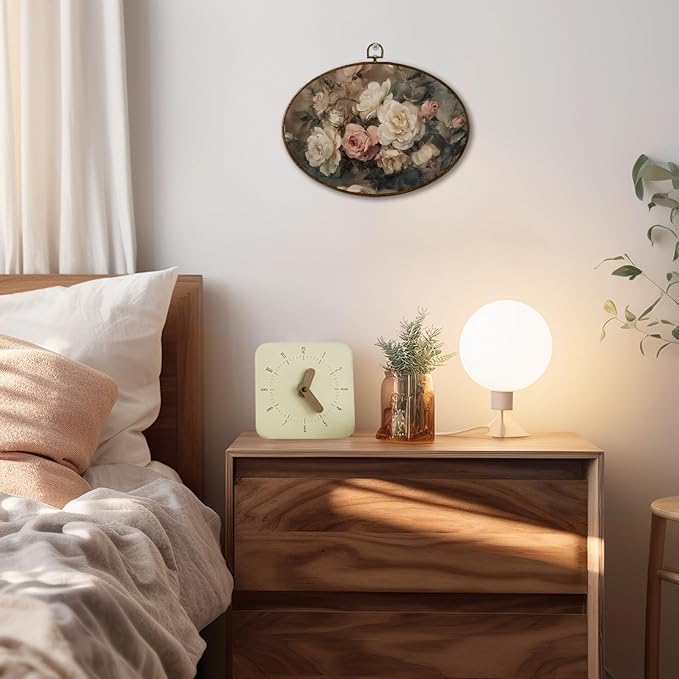 JQF Vintage Rose Floral Oval Wall Decor, Cottagecore Floral Oval Canvas Wall Art, Rustic Moody Botanical Flower Framed Prints Hanging Decor for Home Bedroom Living Room, 11.5x8.5 Inch
