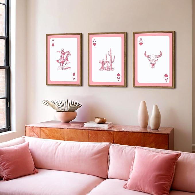 Western Cowboy Wall Art Set of 3 Southwestern Playing Card Wall Decor Pink Western Poster Canvas Prints Longhorn Bull Skull Room Decor for Bedroom Living Room Framed 16x24 inch