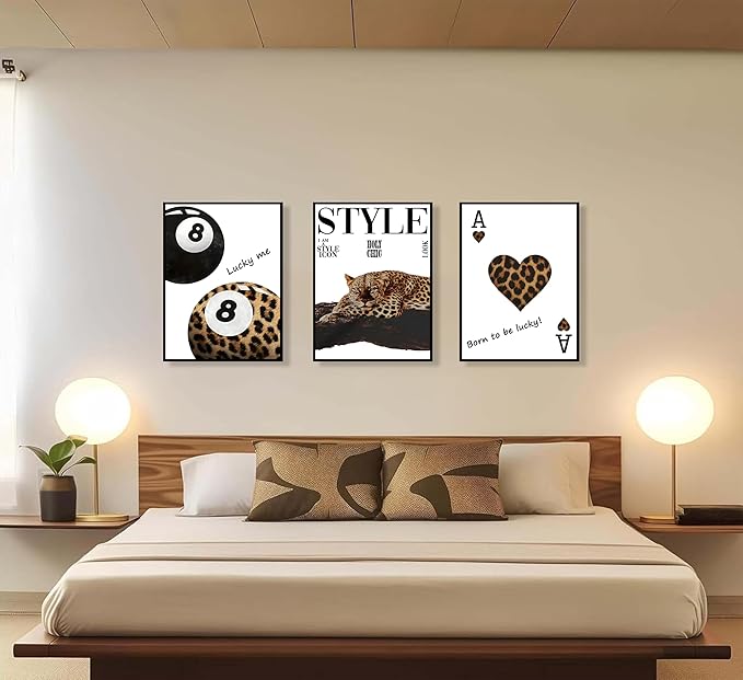 3Pcs Fashion Leopard Print Canvas Wall Art Cheetah Paintings Wall Decor Stylish Lucky 8 Ball Posters Prints College Style Room Aesthetic Pictures for Girls Bedroom Apartment Dorm Decoration Unframed