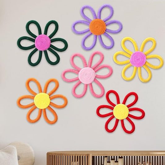 Ripeng 6 Pcs Boho Nursery Decor Flower Daisy Wall Art 6 Inch Woven Macrame Wall Hanging Bohemian Flower Decor Daisy Nursery for Baby Girls Kids Home Bedroom(Rainbow Color)