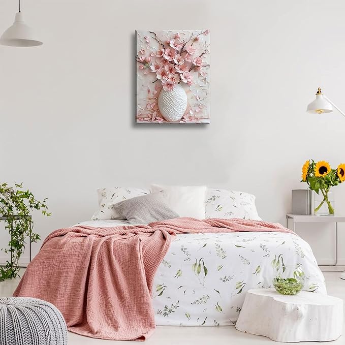 Pink Floral Canvas Wall Art sakura Flowers Botanical painting Decor Pictures Cherry blossoms Posters Prints for Living Room Classroom Bedroom office corridor bathroom Decoration