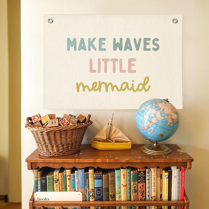 Mermaid Girls Room Decor, Ocean Room Decor Kids Wall Banner, Make Waves Little Mermaid Wall Hanging Banner Decor for Baby Nursery Little Girls Playroom Bedroom Bathroom 20x30