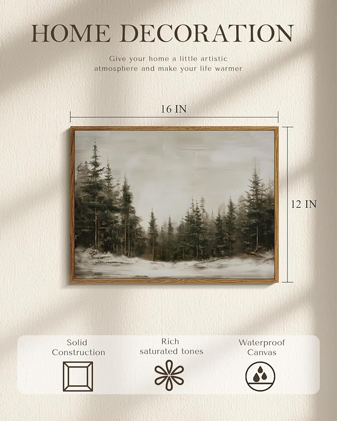 Winter Forest Wall Art 12x16 Framed Canvas Print, Neutral Nature Snow Pine Tree Landscape Painting, Rustic Woodland Artwork Living Room Bedroom Entryway Farmhouse Christmas Holiday Home Decor