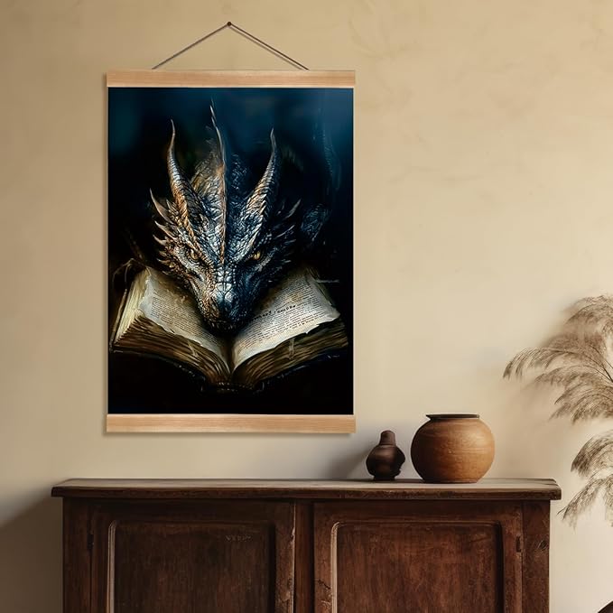 ZTGDA Book Dragon Wall Art,Dark Academia Vintage Poster, Gothic Canvas Print for Book Lovers, Fantasy Wall Decor for Bedroom, Library or Office, Mysterious Bookworm Gift(dragon)