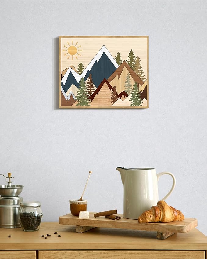 SHENIFY Mountain Framed Wall Art Country Woodcut Style Decor Forest Nature Wilderness Painting Rustic Farmhouse Landscape Artwork - 8x10in Natural Framed