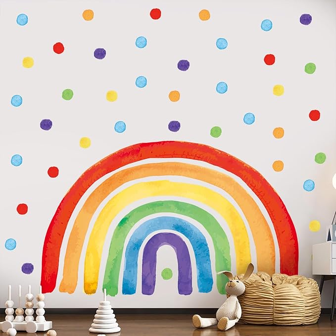 Large Rainbow Wall Decal, Peel and Stick Colourful Rainbows Wall Stickers, Multicolor Polka Dots Wall Decor, Vibrant Rainbow Decoration for Girls Bedroom Kids Nursery Classroom Playroom